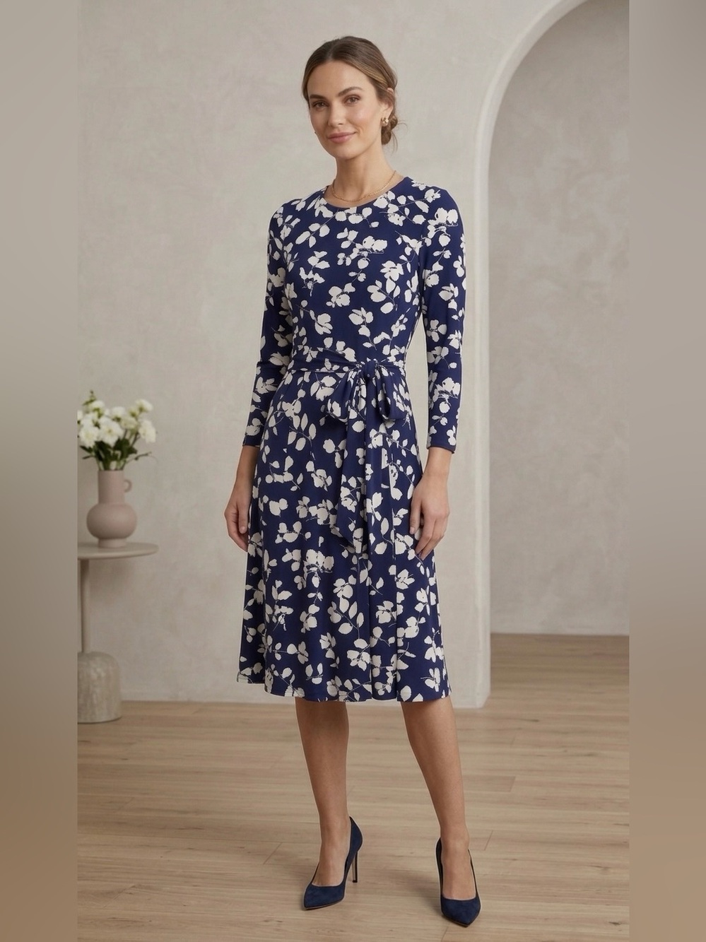 Lauren Ralph Lauren - Floral Tie-Waist Long Sleeve Midi Dress